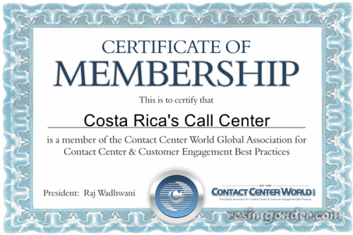 CONTACT CENTER WORLD CERTIFICATE OF MEMBERSHIP COSTA RICA'S CALL CENTER